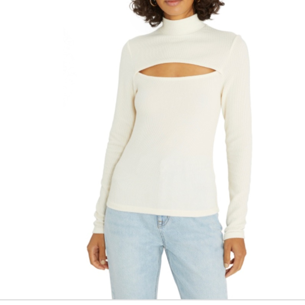 Sanctuary Womens Cut It Out Mock Neck Ribbed Pullover Top.